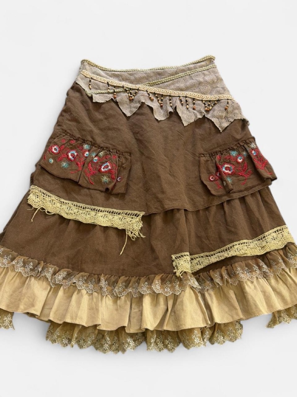 Y2k Euro Boho Fairy Tiered Brown and Cream Embroidered Skirt